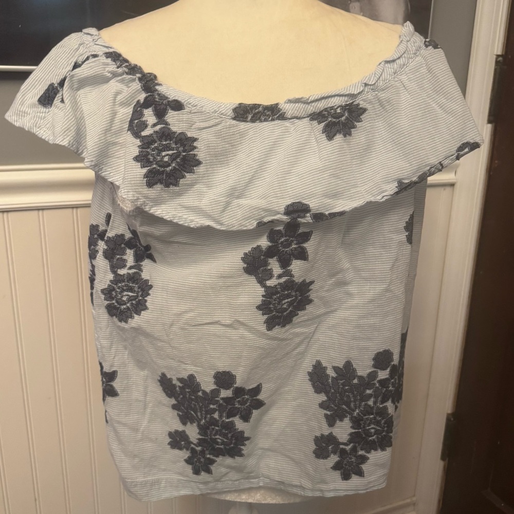J Jill Blue White Embroidered Floral Striped Cotton Off Shoulder Ruffled Top MP